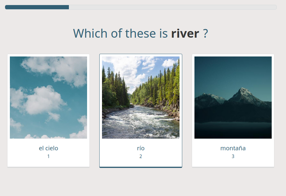 Text asks the user: which of these is "river"?. Below this heading are three cards. Each card contains a Spanish word and corresponding image. In the center the correct choice (río) is selected.