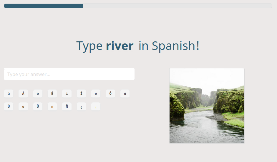 Text asks the user to type the word "river" in Spanish. Below this heading is a text box, and underneath that a set of buttons to insert Spanish-specific characters. At right is an image of a river.